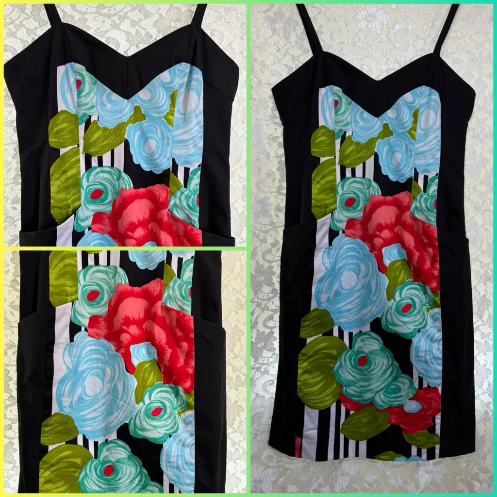 Nanette Lepore Blue red black Floral cocktail Dress pockets sz 2 small euc - Image 2