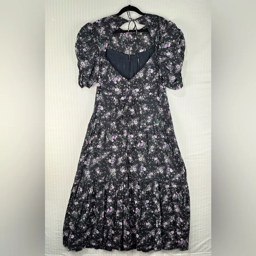 ASOS Cotton Tiered Black Ditsy Floral Maxi Dress Ruched Sleeves Button Back 14 - Image 5