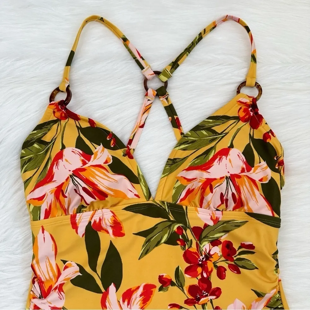 Kona Sol Mustard Yellow Floral High Coverage One Piece Swimsuit, Sz Large - Image 2