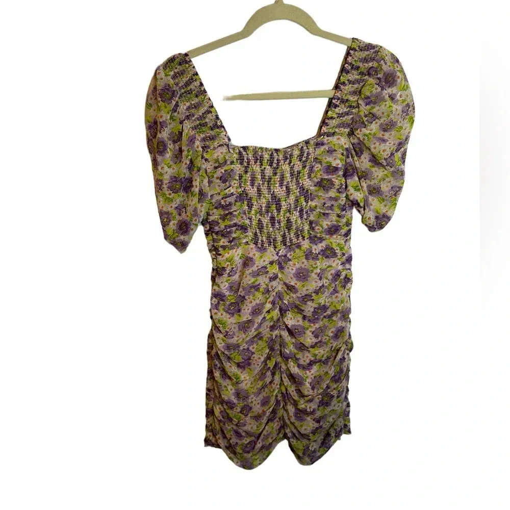 ZARA FLORAL PUFF SLEEVE RUCHED MINI DRESS - Image 2
