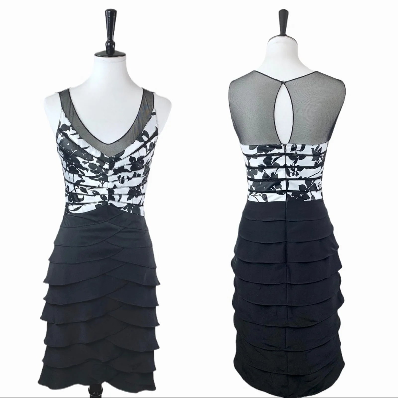 Xscape Retro Women's Party Dress Black White Satin Tiered Cocktail Size 4 - Image 11