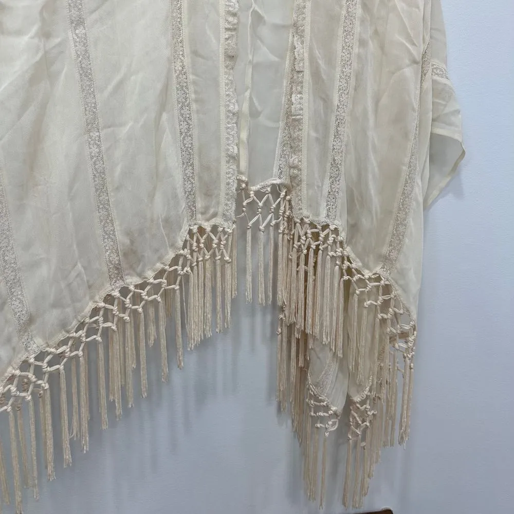Muche Et Muchette Ivory‎ Lace Shawl Poncho Boho One Size Fringe Beach Coverup Tan - Image 6