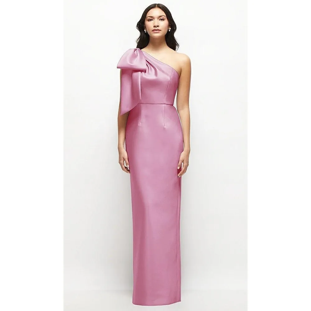 Alfred Sung Oversized Bow One-Shoulder Satin Column Maxi Dress In Powder Pink - Image 4
