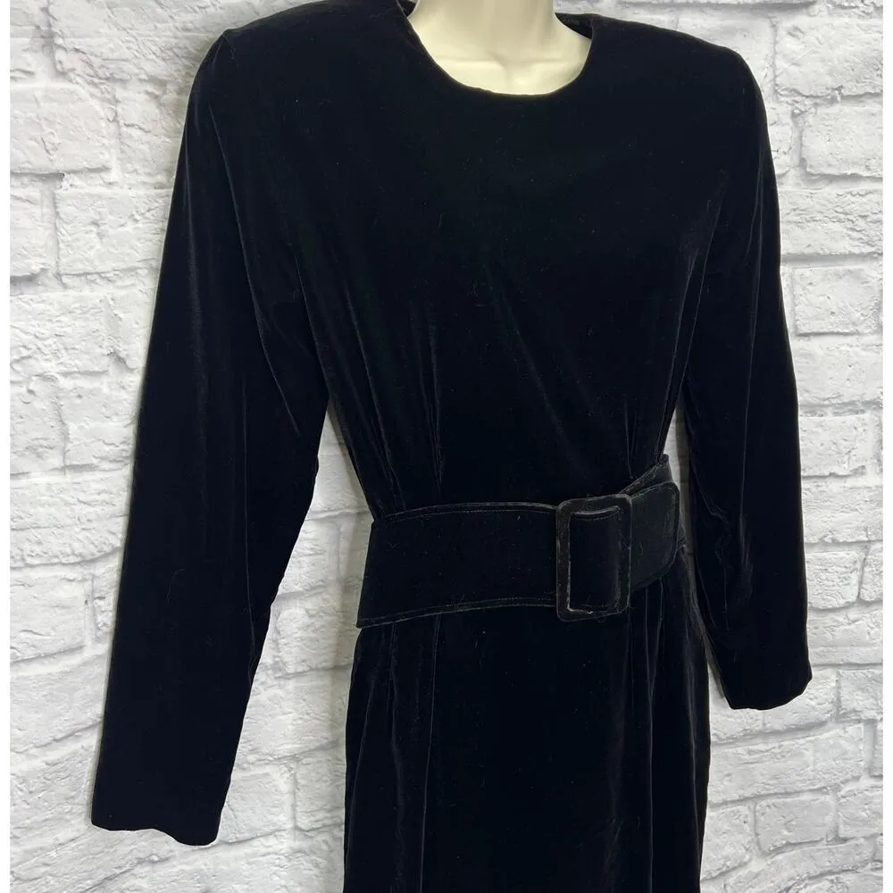 Vintage Barboglio Cristina Jan Black Velvet Cocktail Dress Size 8 Long Belt 80s - Image 2