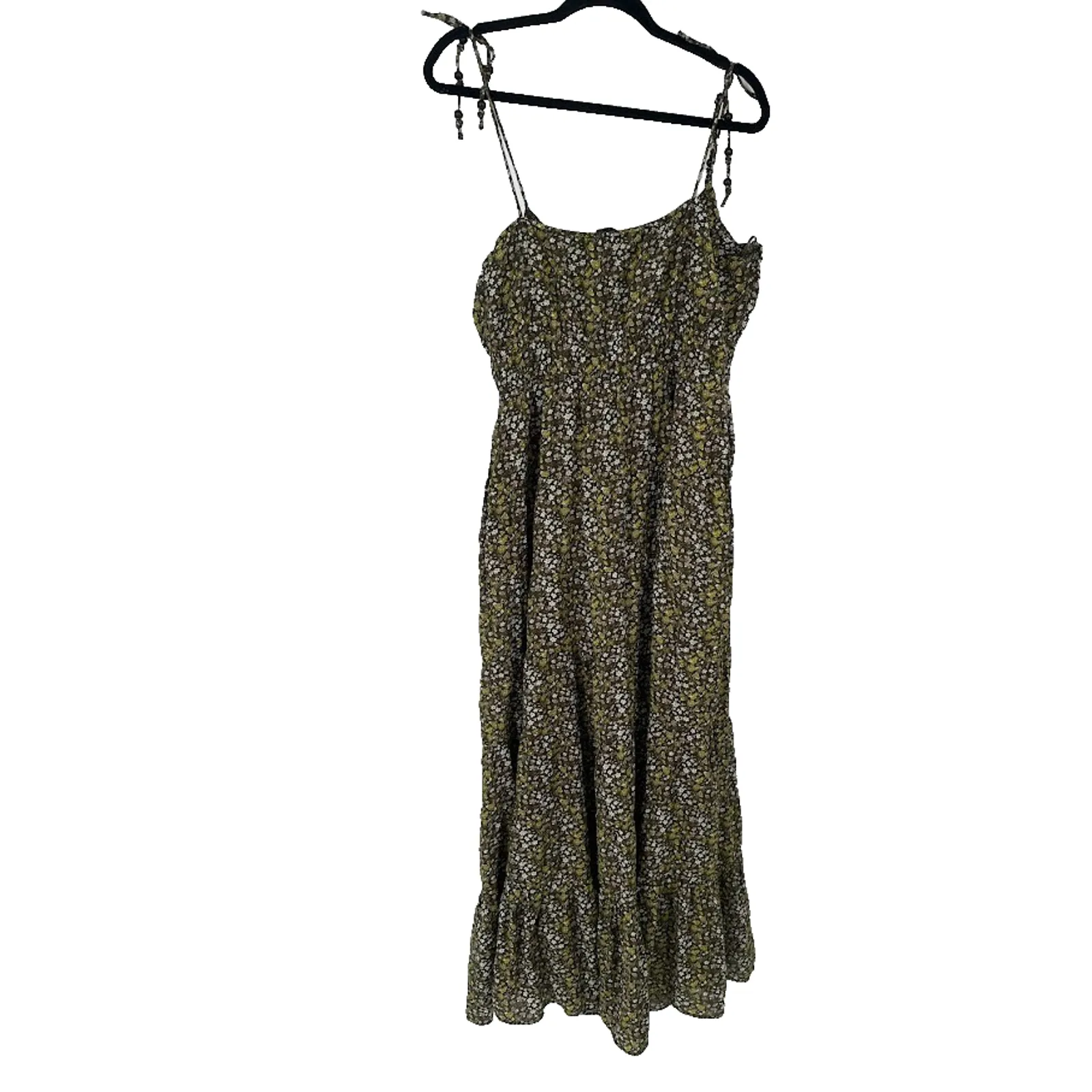 J.Crew Beaded Tie Shoulder Maxi Tiered Dress Size Large Tall Green Ditsy Floral - Image 8