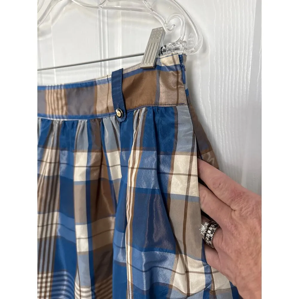 J. Crew Collection blue plaid pleat silk taffata skirt Fleur De Lis accents 10 - Image 6