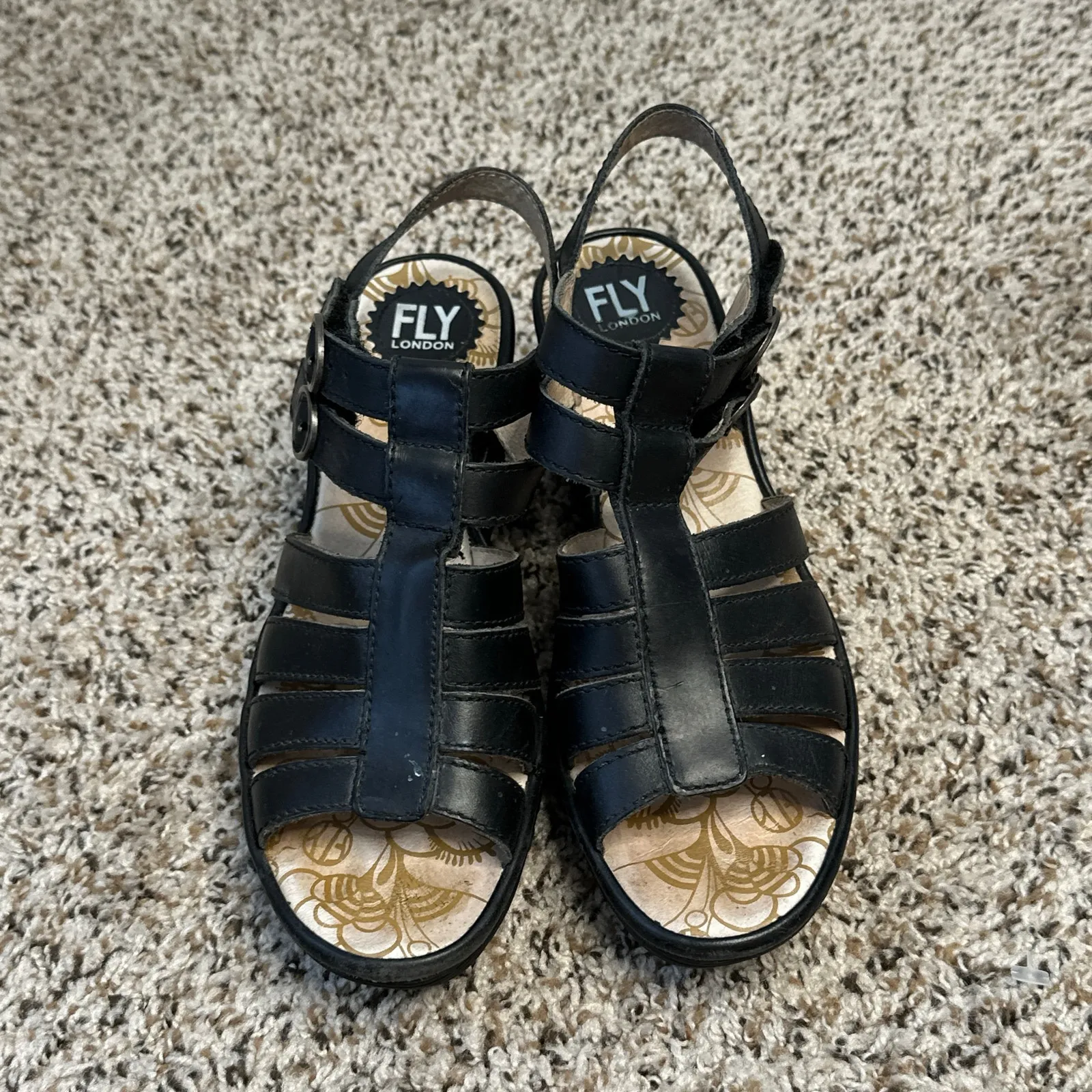 FLY LONDON Ygor Wedge Gladiator Heeled Sandal Size 8 39 Black Strappy Chunky - Image 2