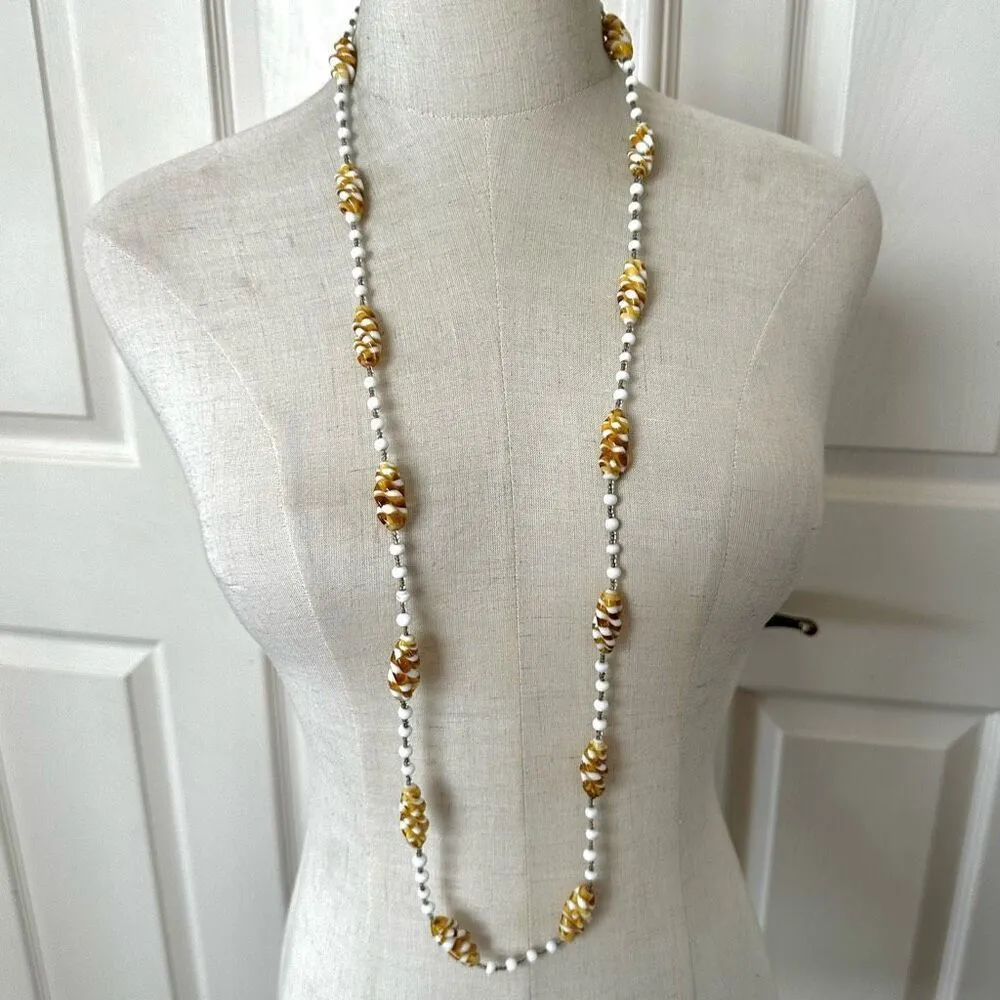 White and yellow swirl long beaded necklace - Image 2