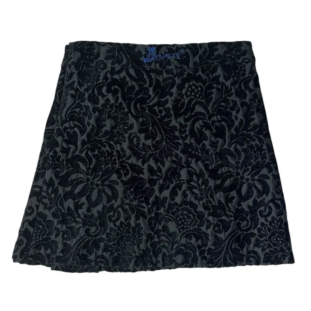 DESIGUAL Black Skirt Brocade Pleated Mini Size 42 VINTAGE Y2K Large - Image 5