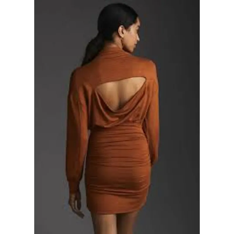 Anthropologie DAILY PRACTICE Cozy Ruched Dress Long Sleeve Mini Size Small S Tan - Image 7