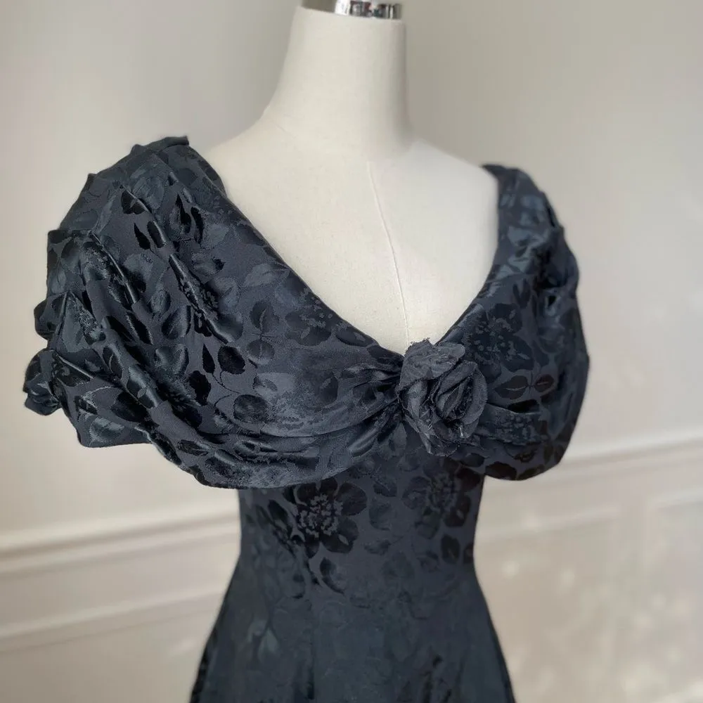 Vintage 80s 90s Off Shoulder Jacquard Short Dress Drama XS Black - Image 6