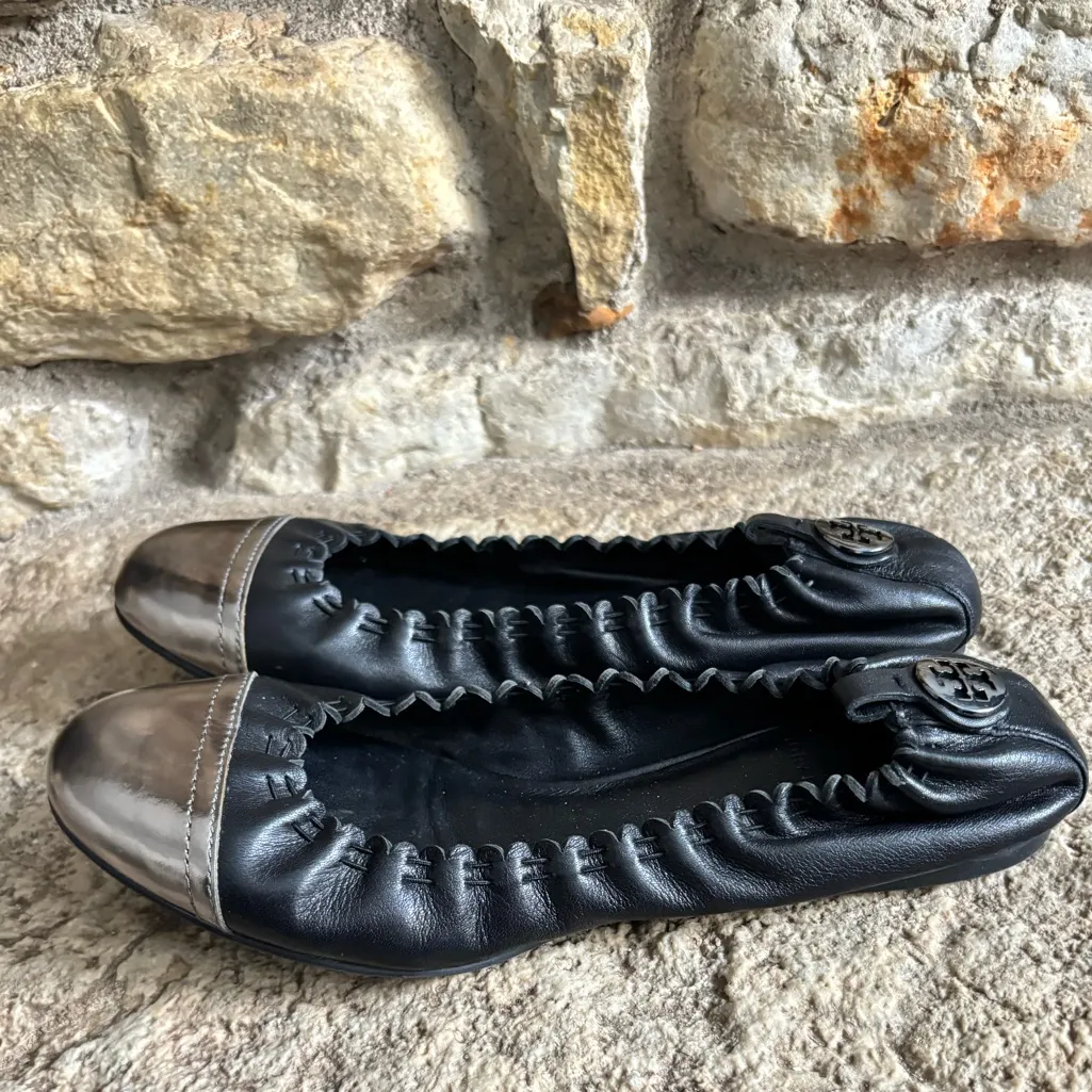 Tory Burch Black Silver Elastic Ballet Flats Shoes 8 Worn Once - Image 3