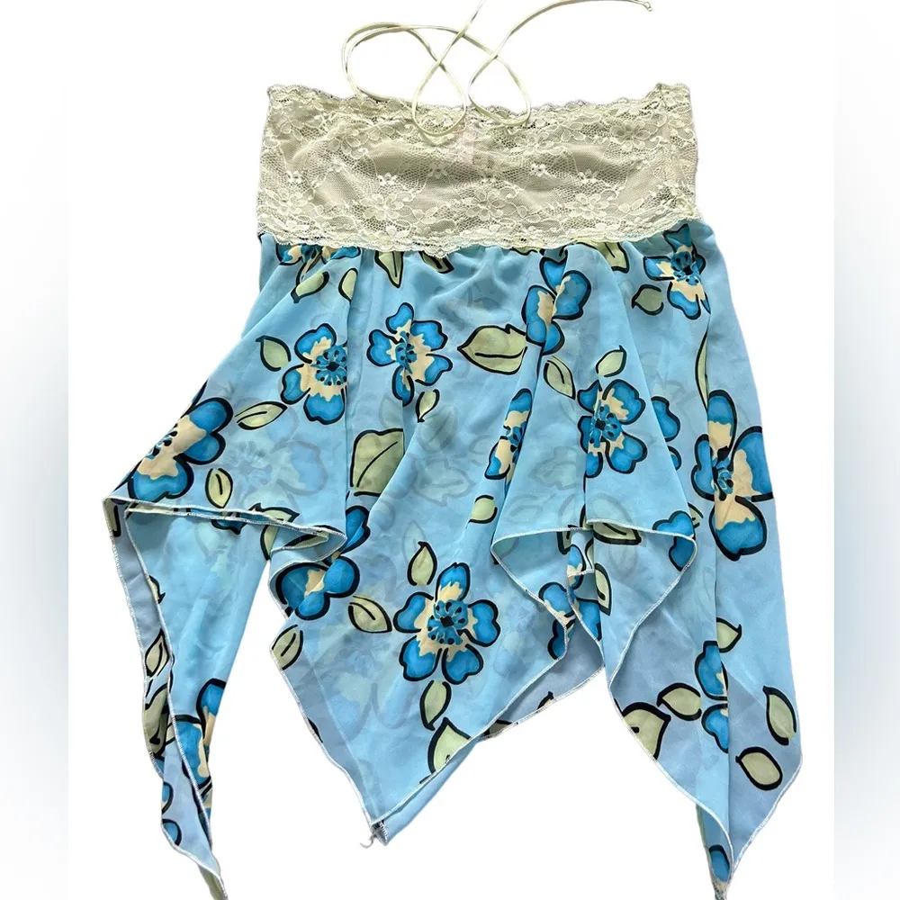 Victoria's Secret blue floral scarf yellow lace halter top size large - Image 6