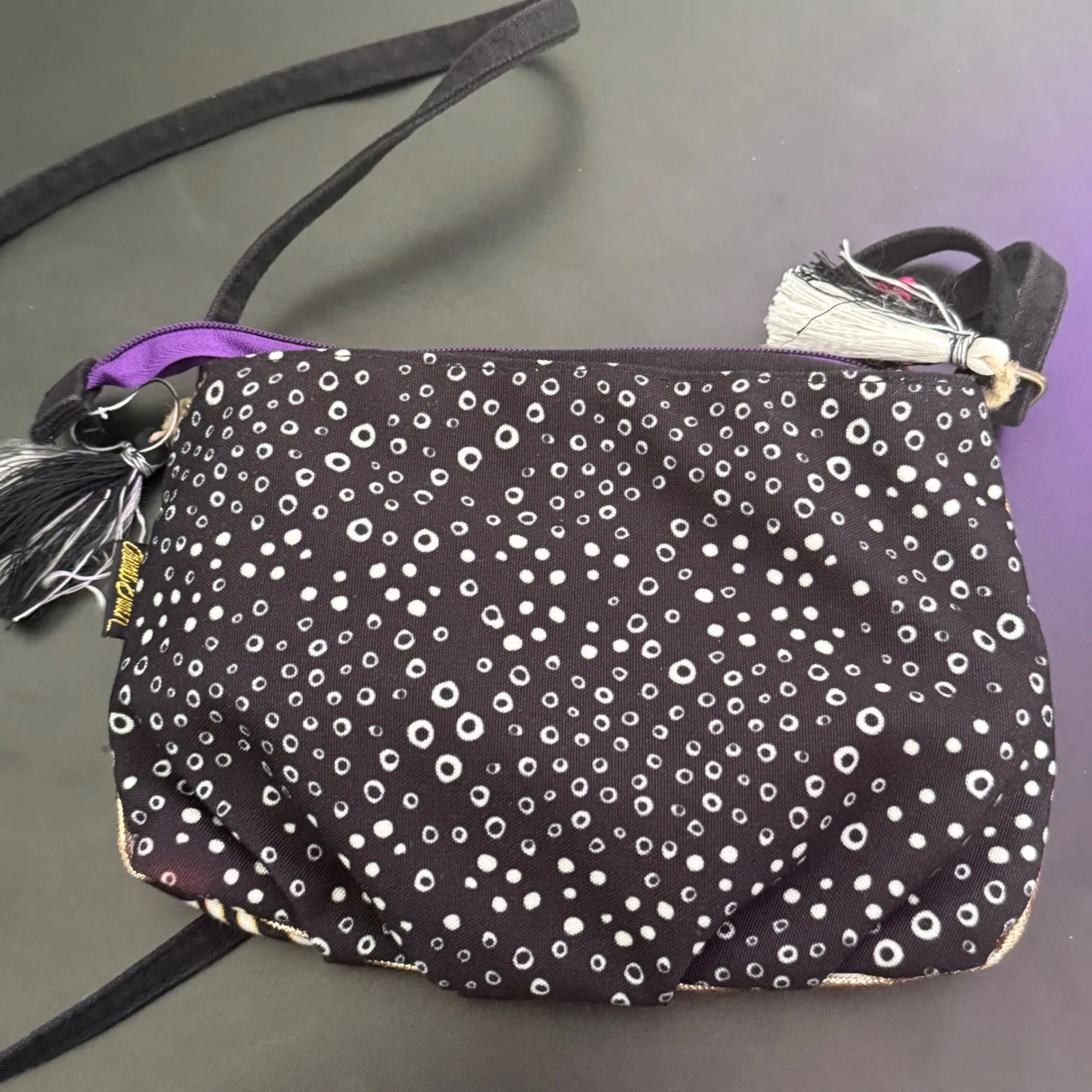 Laurel Burch Crossbody Whimsical Cat Print Bag Tassel Beaded Polka Dot Gatos Black - Image 6