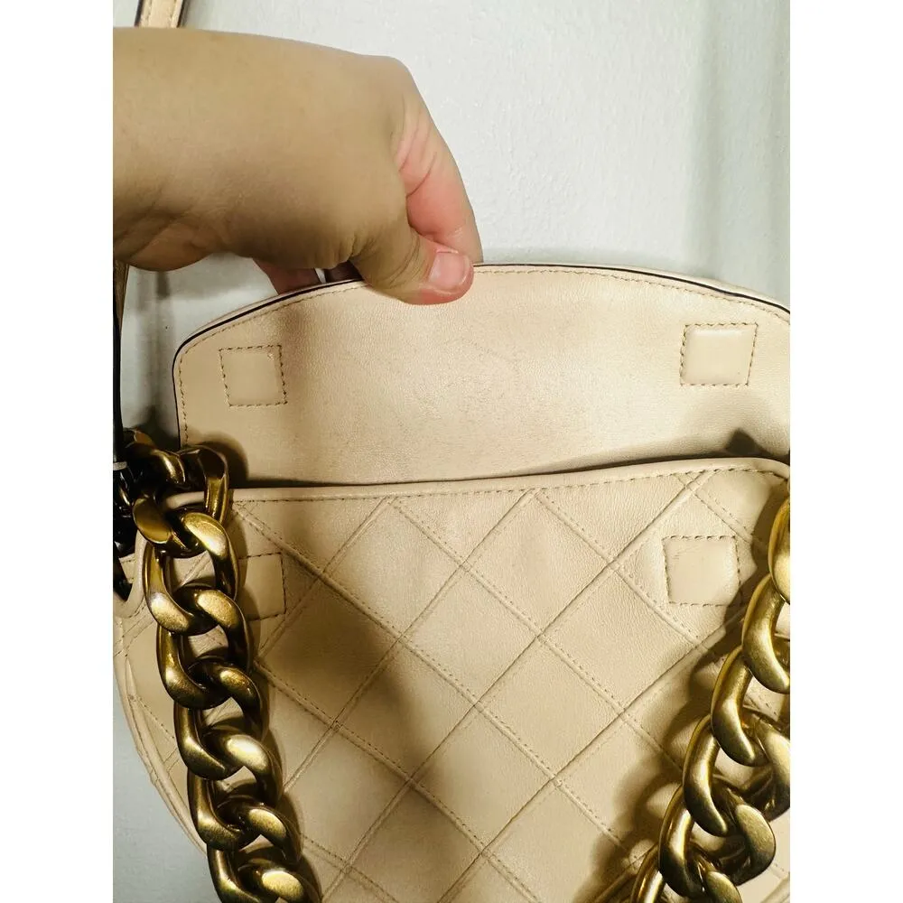 TORY BURCH Neutral White Leather Gold Chain Link Handle Shoulder Strap Bag Purse - Image 9
