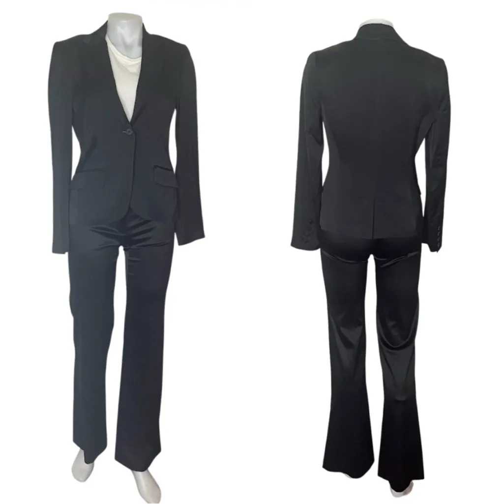 THEORY Black Pantsuit One Button Blazer Satin Finish Flared Womens Size 4 - Image 11