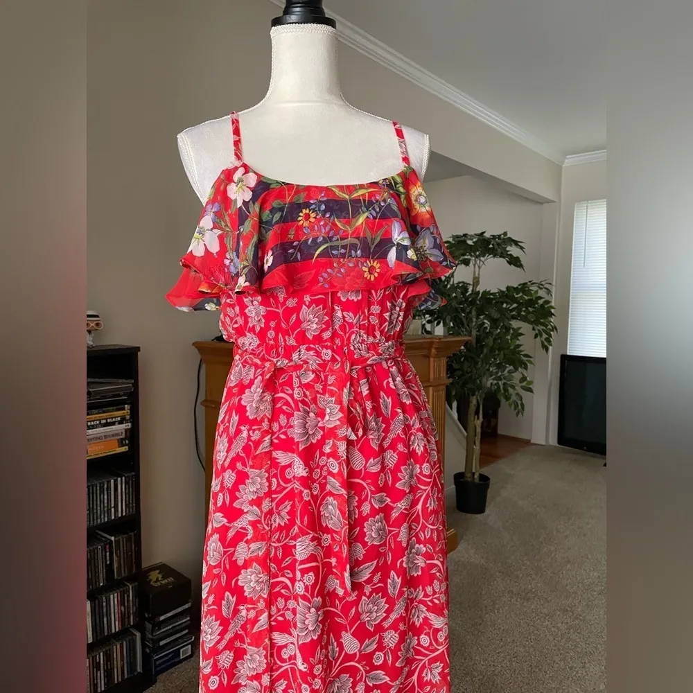 Anthropologi Boho Chic Floral Print Maxi Dress Red Black Spaghetti Strap XS - Image 4