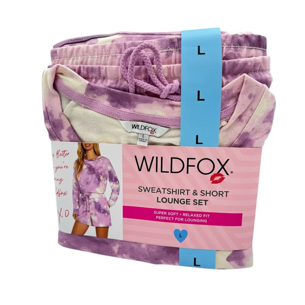 WILDFOX Purple Cream Tie Dye Relaxed Fit Soft Sweatshirt & Shorts Lounge Set L - Image 2