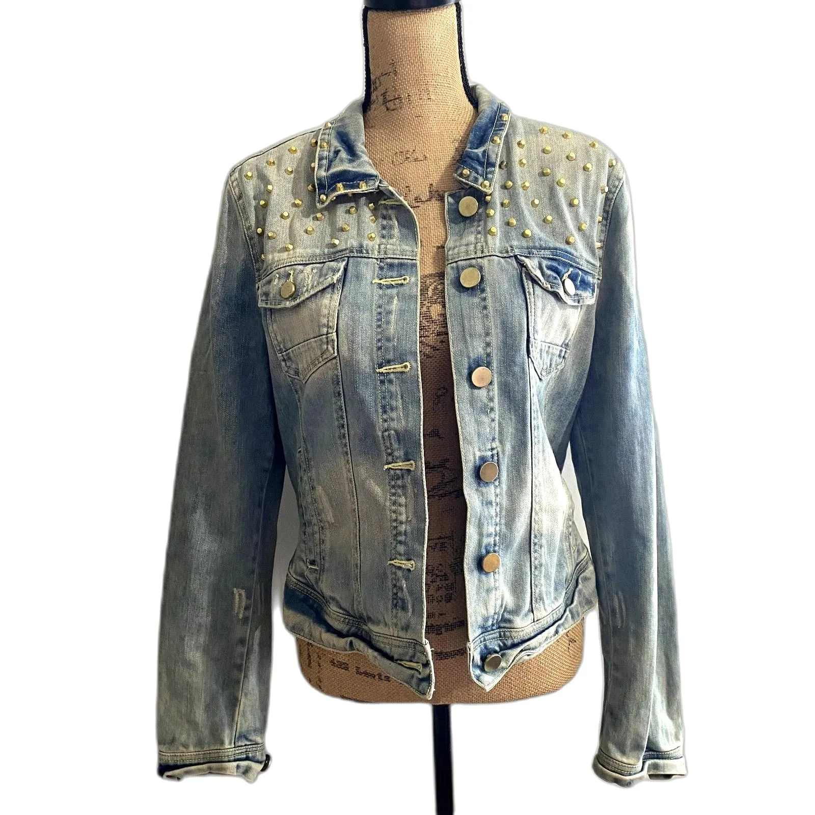 Chelsea & Violet Gold Studded Jean Jacket‎ Edgy Faded Denim Size Large - Image 2