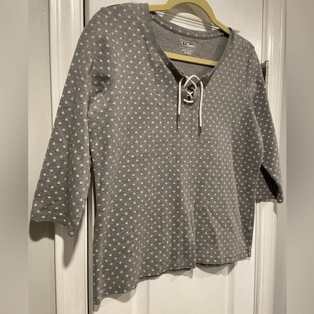 L.L. Bean Size S Gray Cream Print Cotton Lace Up Henley Tee Shirt 3/4 Sleeve - Image 3