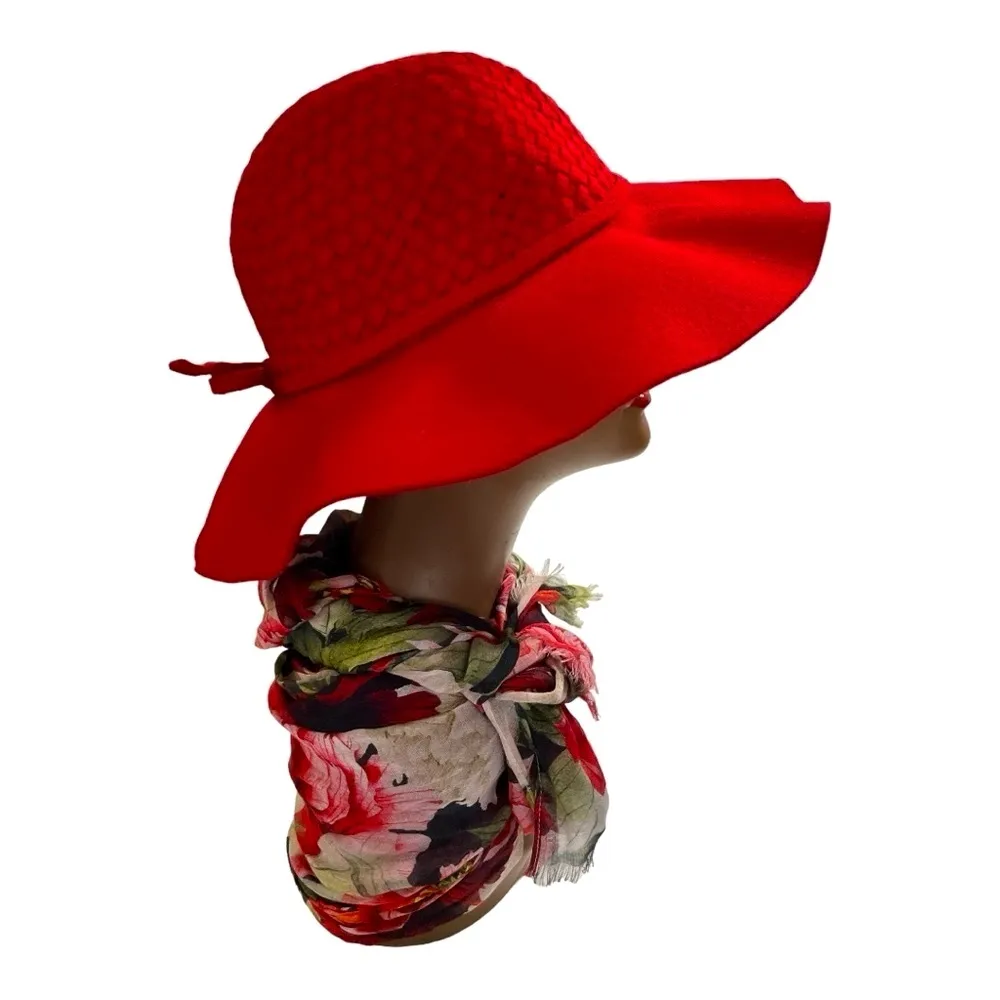 Red Floppy Woven Wool Hat, One Size, Fall Winter, Church, Casual - Image 5