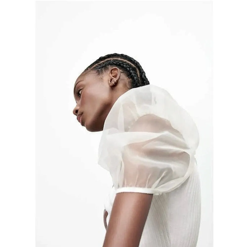 Zara White Sheer Tulle Rib Puff Balloon Sleeve Square Neck Crop Blouse Top Sz S - Image 2