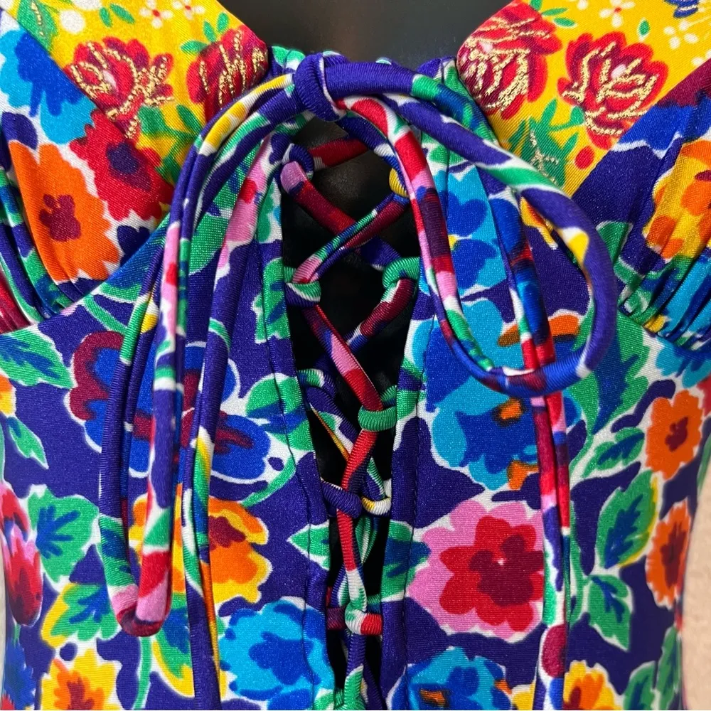 Gottex Sak’s Fifth Avenue Floral Corset Underwire Couture Designer Swimsuit Blue Size 8 - Image 4