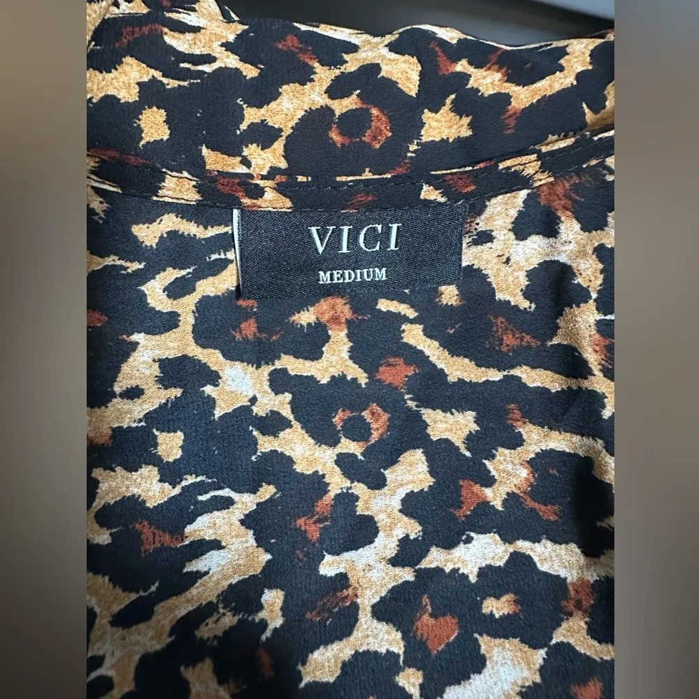 VICI Leopard Print Animal Print Deep V Mini Dress w Flare Sleeves Stretch Waist - Image 3