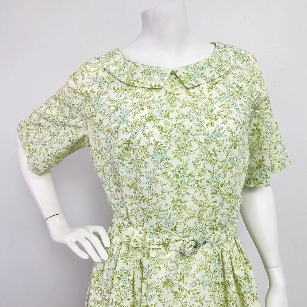 Vtg Green Floral Belted Dress Peter Pan Collar One Size Elbow Sleeve Farmcore - Image 6