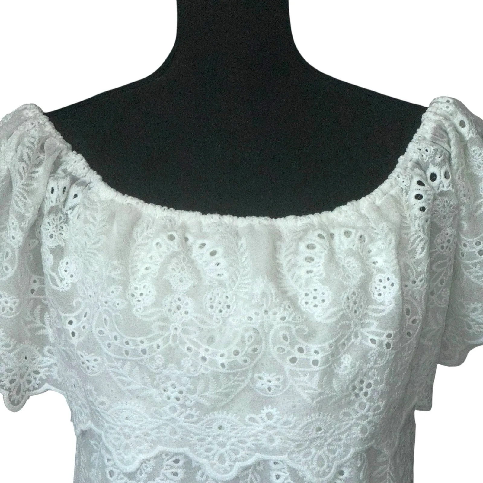 Miss June Womens White Eyelet Lace‎ High Low Dress Size Small On/Off Shoulders - Image 3