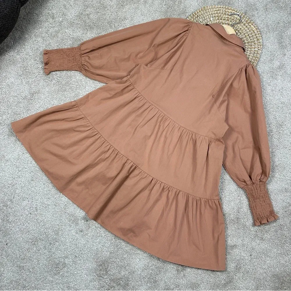 Bohme Makayla Mini Dress Smocked Balloon Sleeve Button Ruffle Tiered in Clay S - Image 8