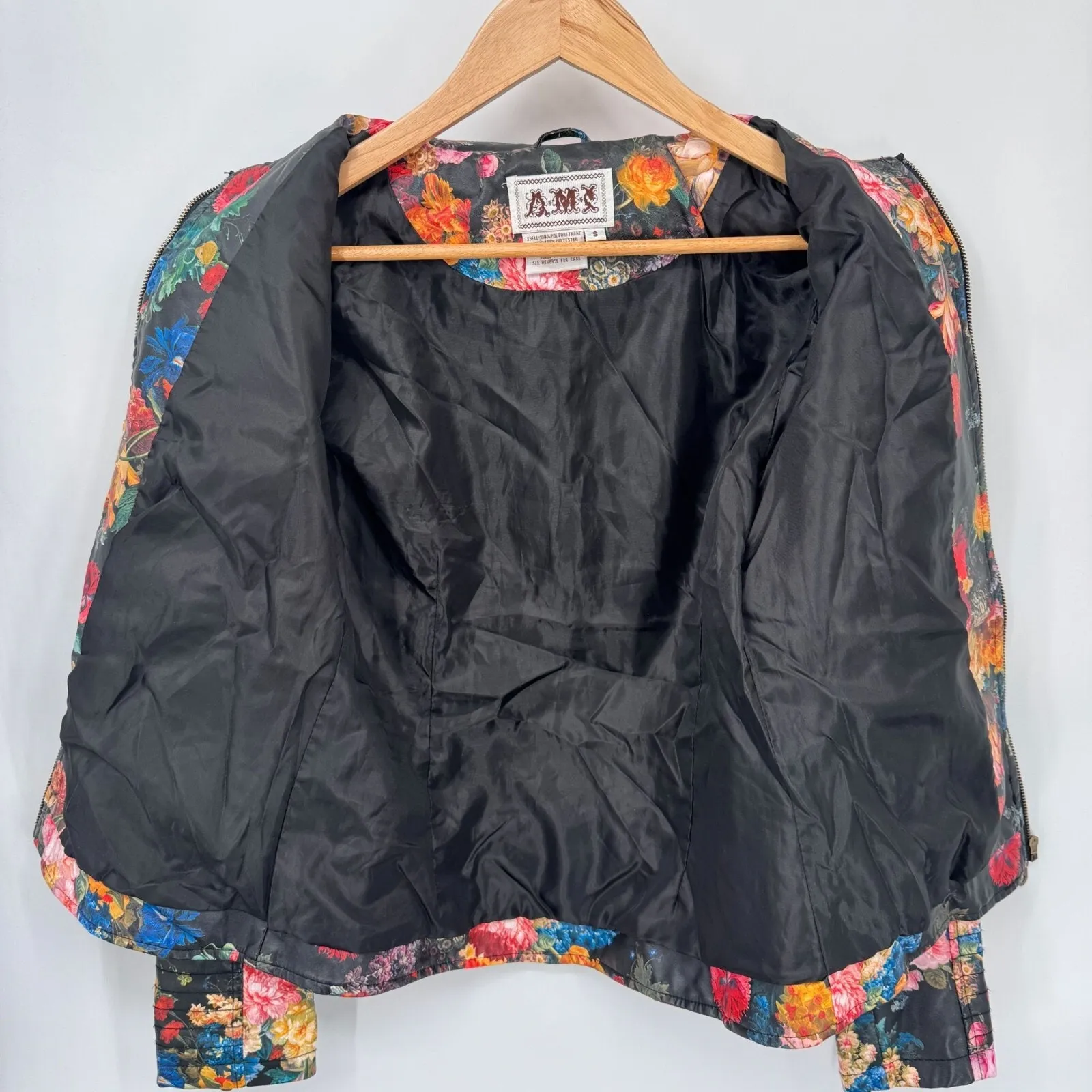 Vintage‎ Y2K Whimsigoth A.M.I Faux Leather Moto Jacket Small Black Flower Print - Image 9