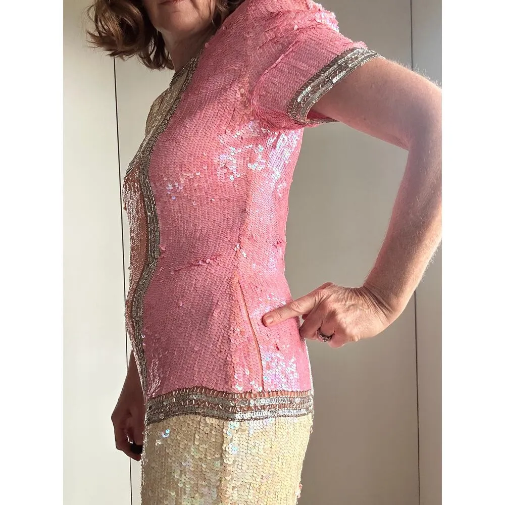 Vintage 80s Silk Sequin Pink Cocktail Dress Medium Fit Knee Length Sparkle Shine Size 6 - Image 10
