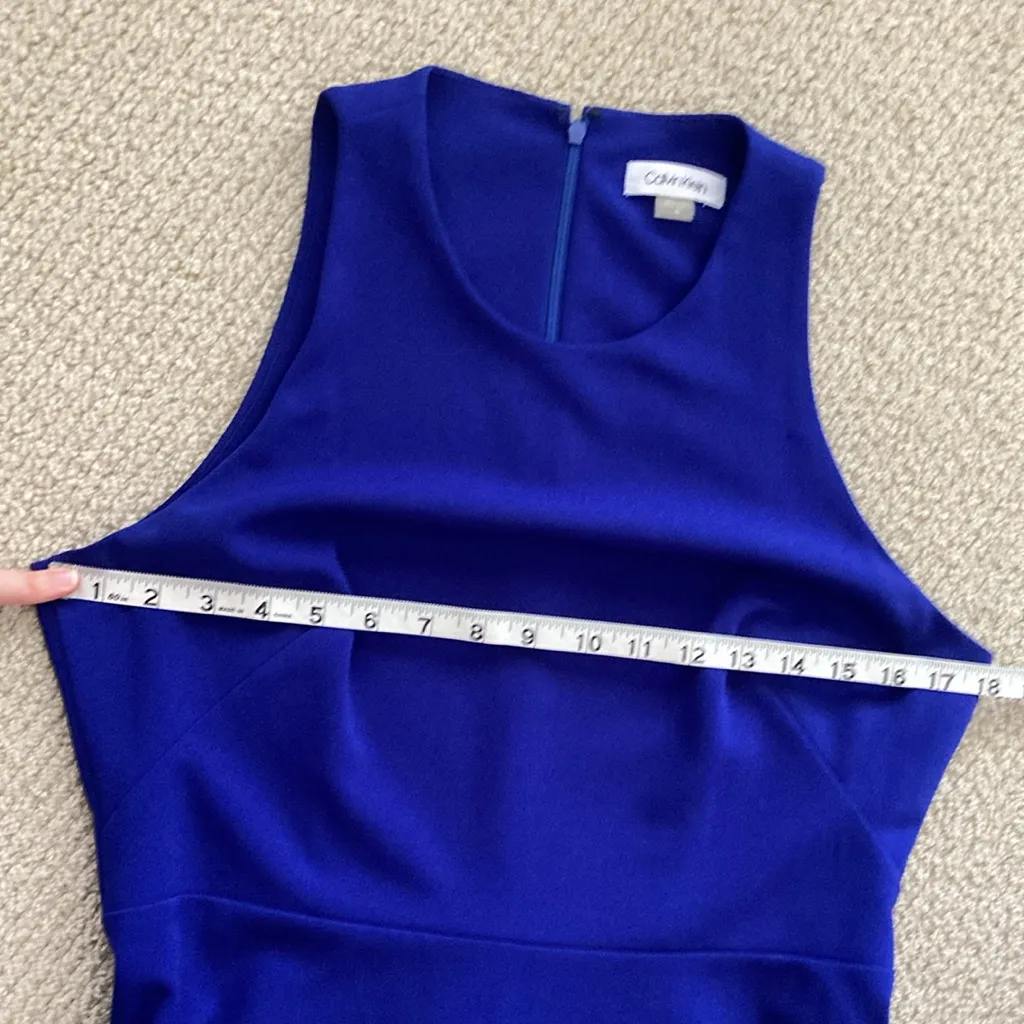Calvin Klein High Neck Pleated Midi Dress Bright Blue Fit Flare Size 10 Like New - Image 4