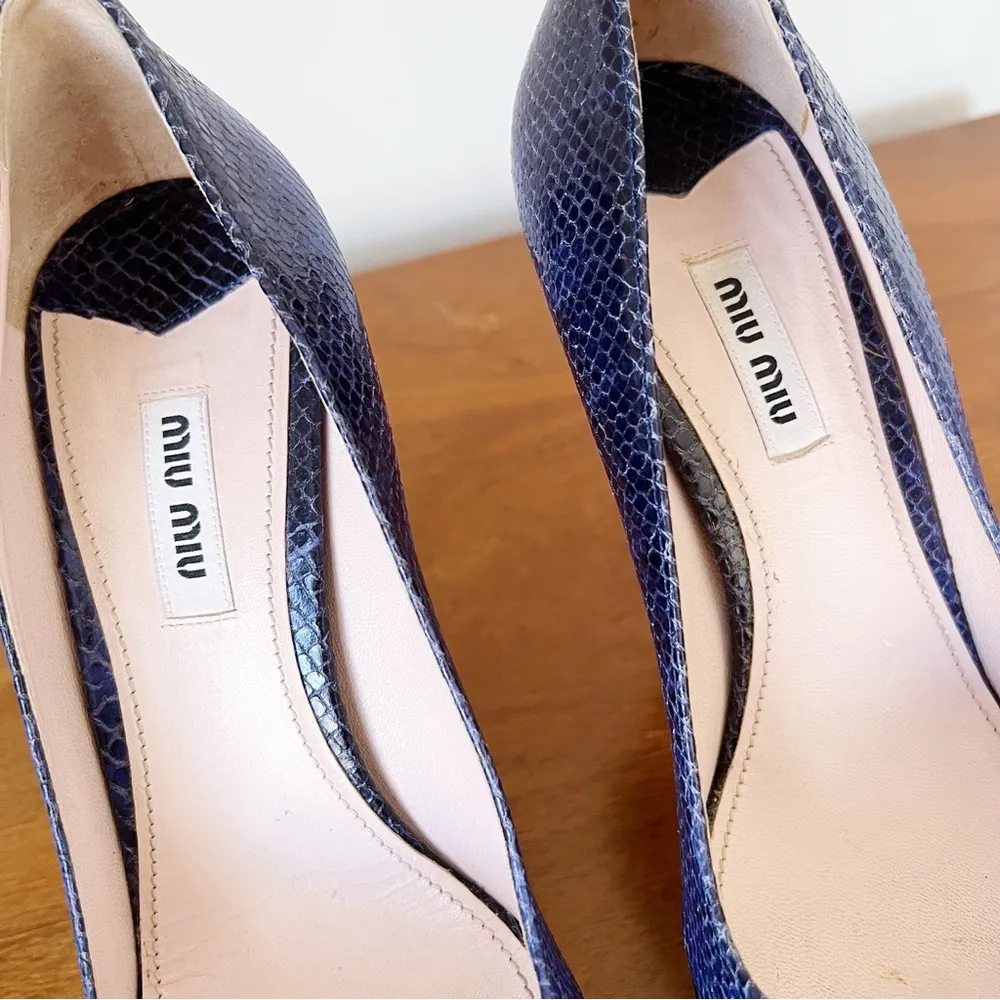 Miu Miu • blue python snakeskin pumps peep toe heels leather platform stiletto - Image 5