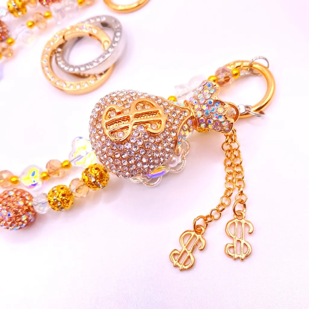 💛 Luxury Bag/Phone Chain Charm/Keychain Bling Fortune Bag Brooch & Crystal Beads - Image 11