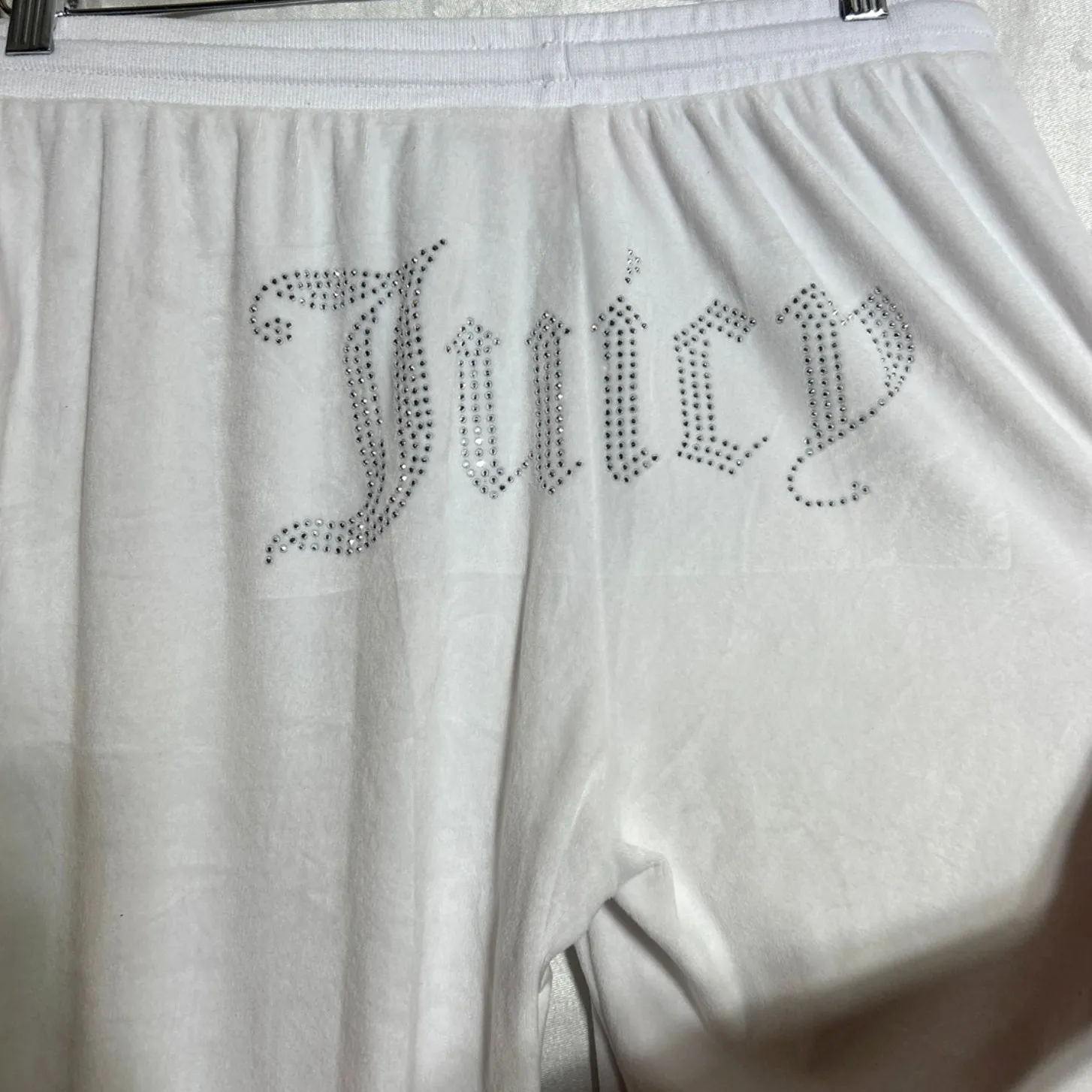 Juicy Couture Velour Track Pants Large White Silver Rhinestone Spell Out Sleep - Image 2