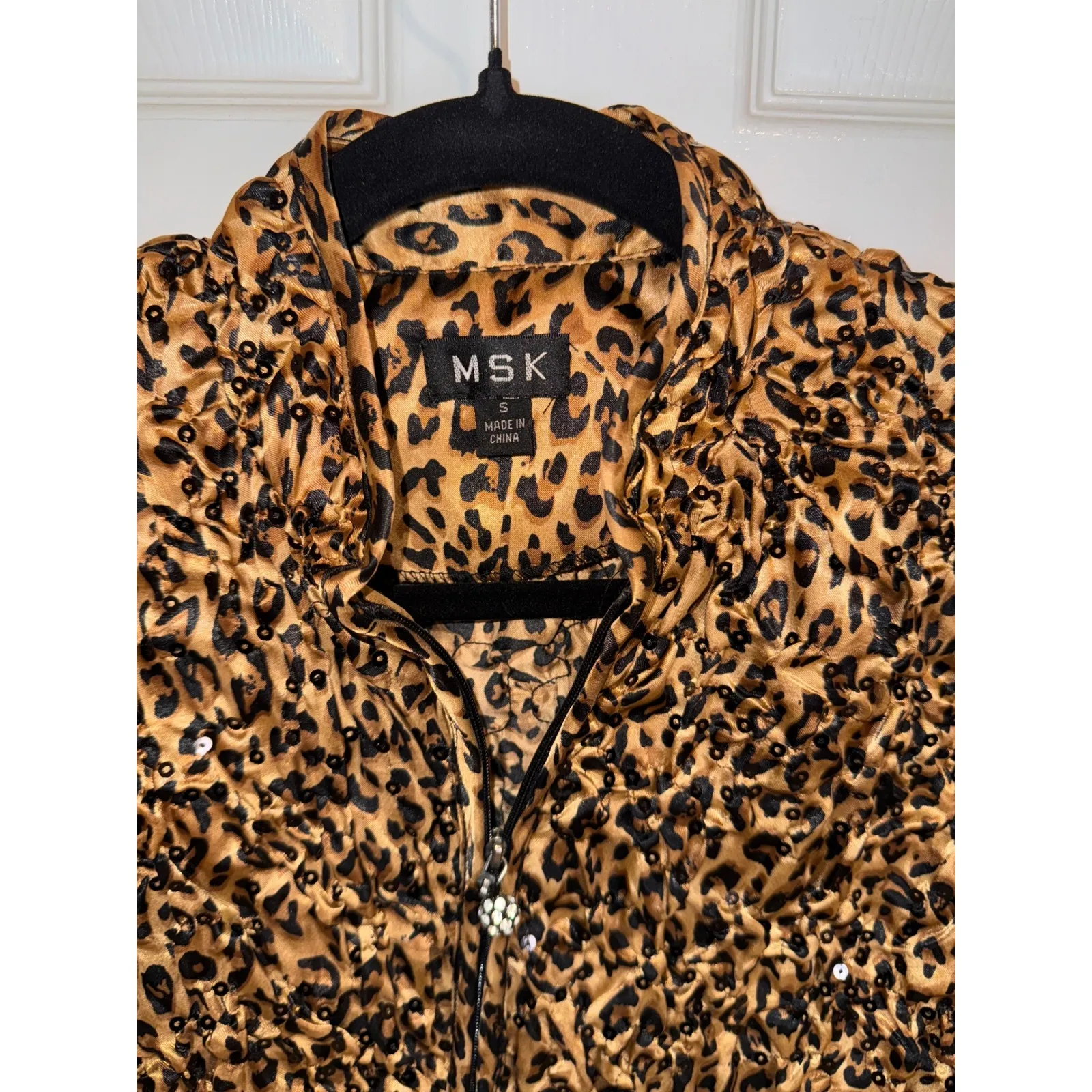 MSK Animal‎ Print Sequin Embellished Crinkle Zip Up Jacket Small Brown - Image 3