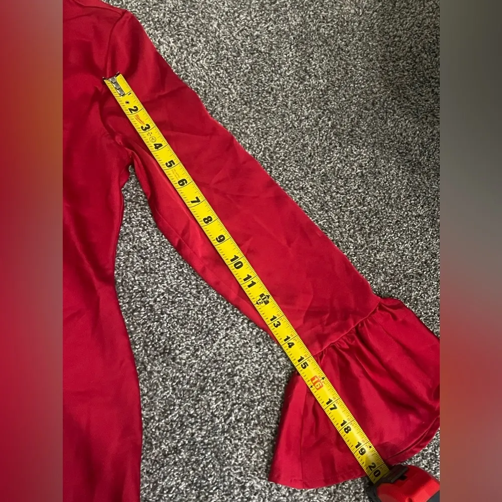 Red Shift Dress Ruffle Long Sleeve Crew Neck Satin dress 4 - Image 13
