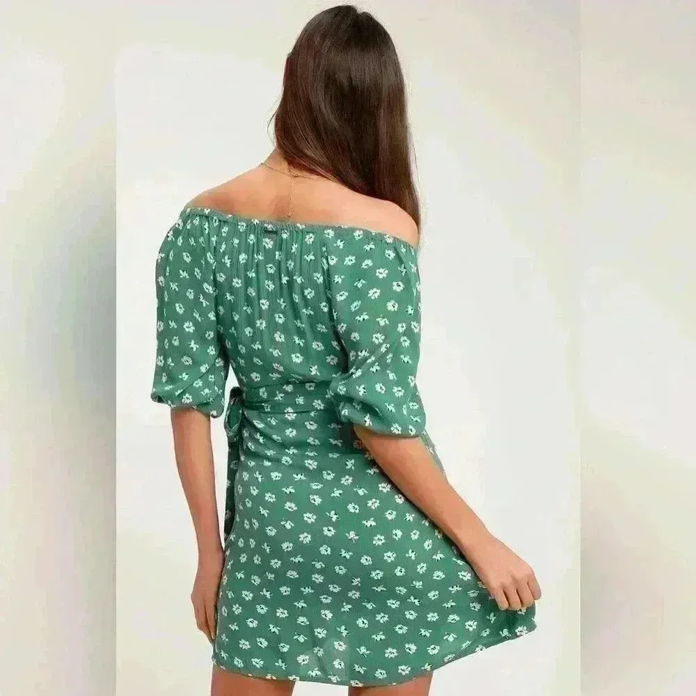 Billabong - Best Dressed Sage Green Floral Print Off-the-Shoulder‎ Wrap Dress - Image 3