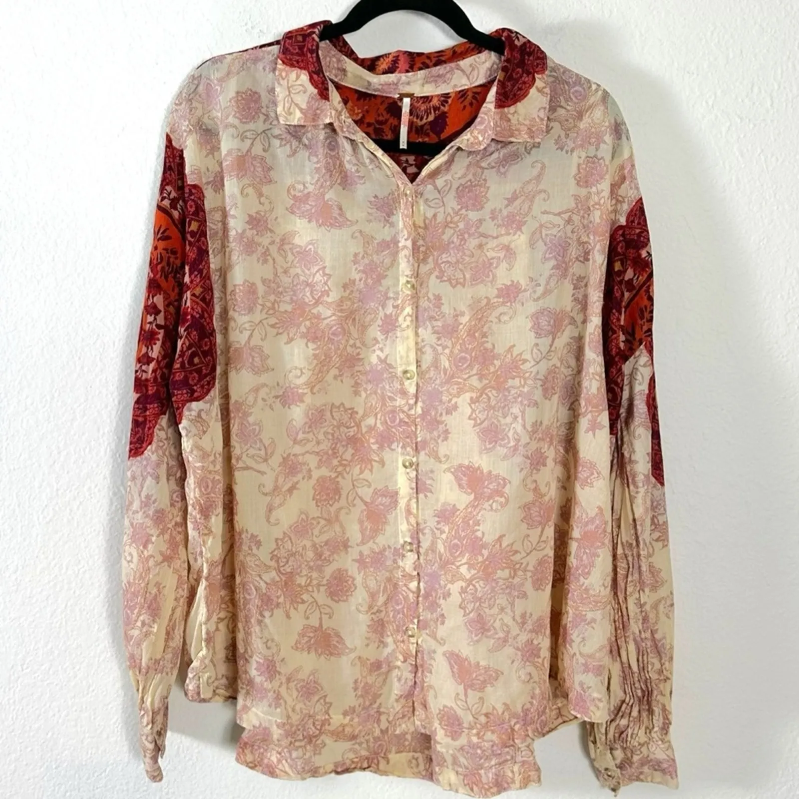 Free People Western Bohemian Dainty Rose Bud Button Down Blouse Shirt Large - Image 10