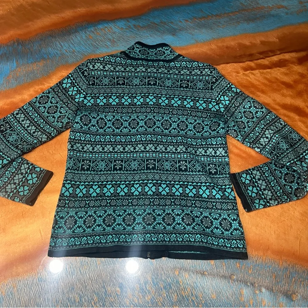 Alpaca Imports Alpaca Wool Zip cardigan sweater Made Peru black Teal fair isle - Image 4