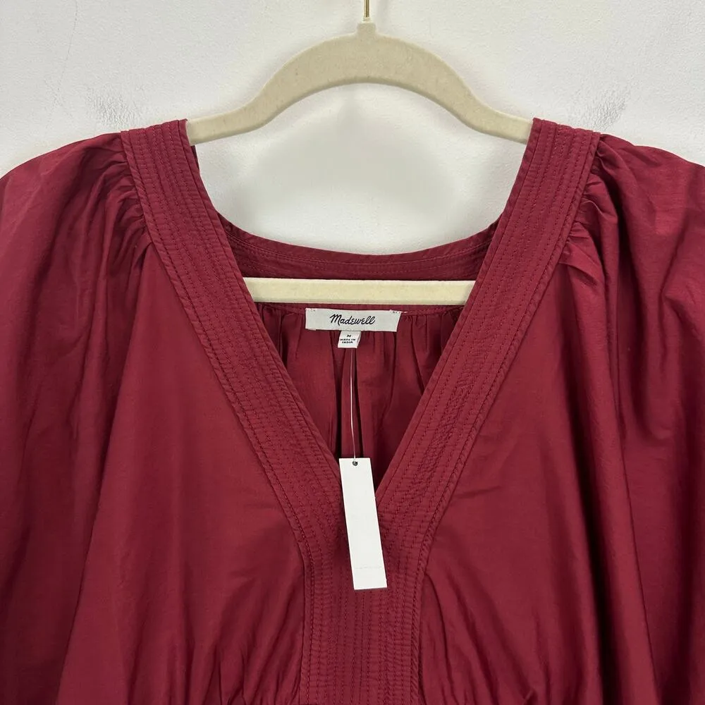 Madewell Puff Sleeve Mini Dress Poplin Claret Burgundy A Line Pockets Medium NWT - Image 9