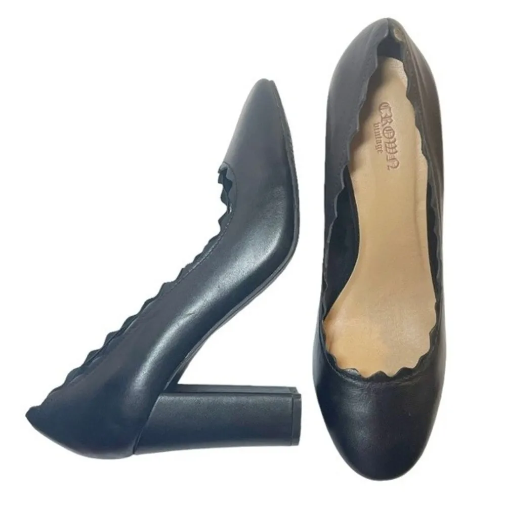 Crown Vintage Willow Black Leather Retro Scalloped Block Heel Pump Womens Size 9 - Image 4
