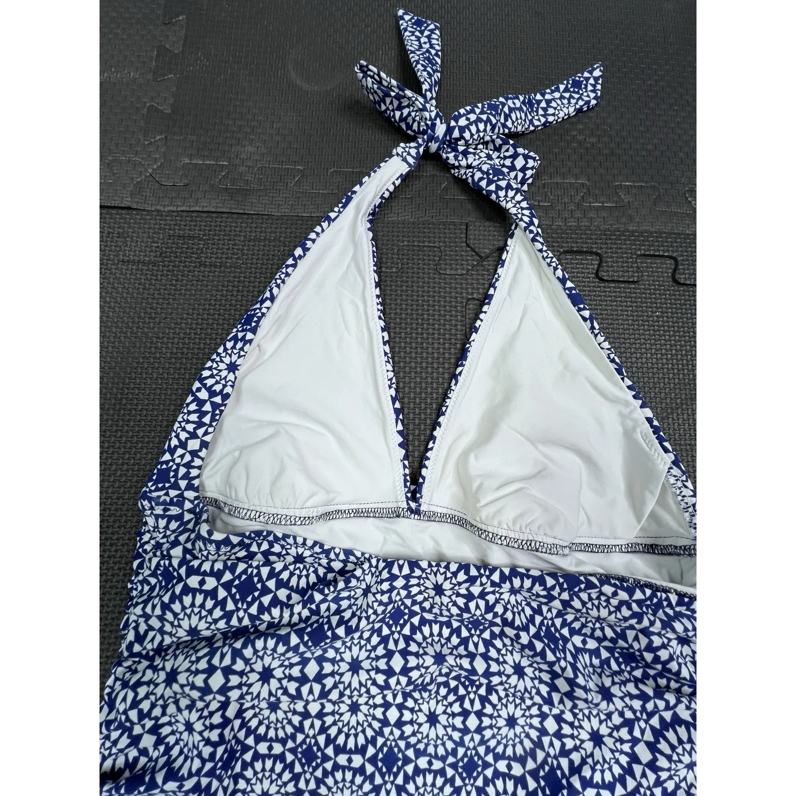 Helen Jon Halter Tankini Swim Top Navy White Geometric Print USA Made Stretch L Blue Size L - Image 7