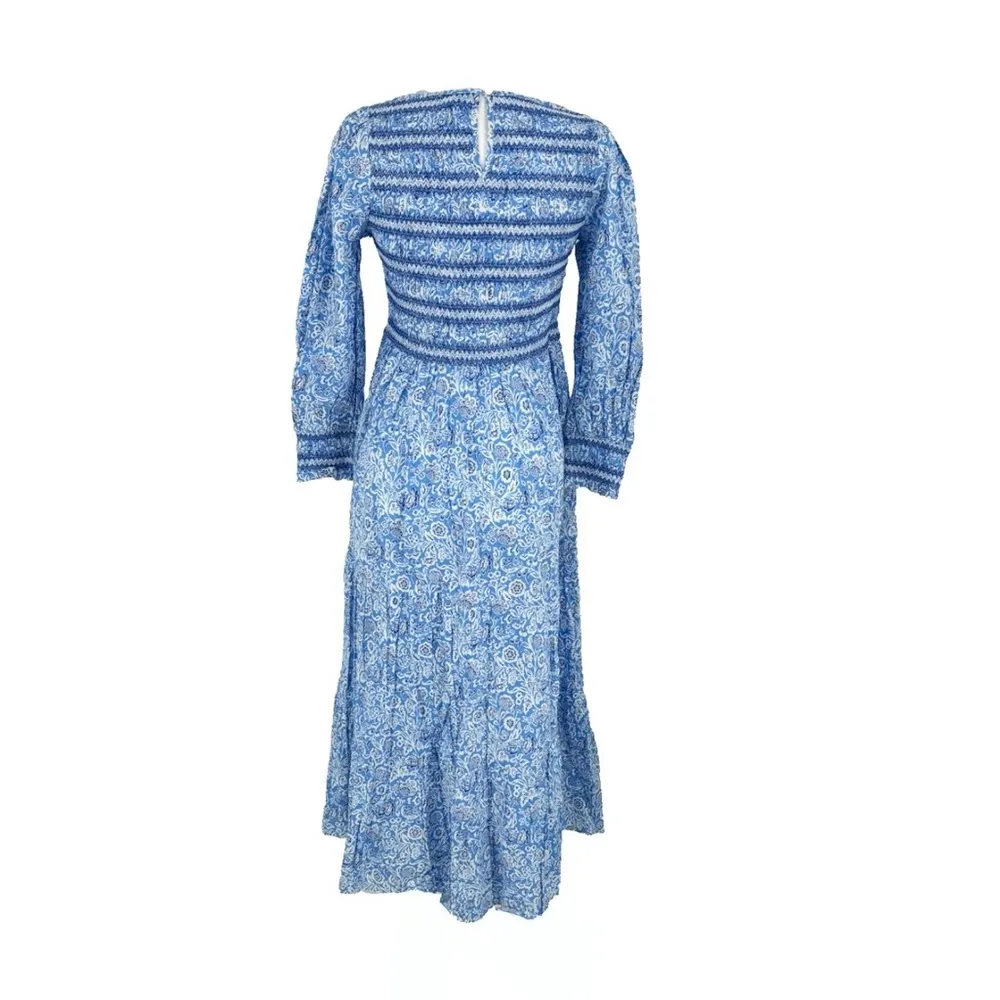 Pink City Prints Isabel Dress XS NWT Ornate Sky Blue Cotton Midi Smocked - Image 6