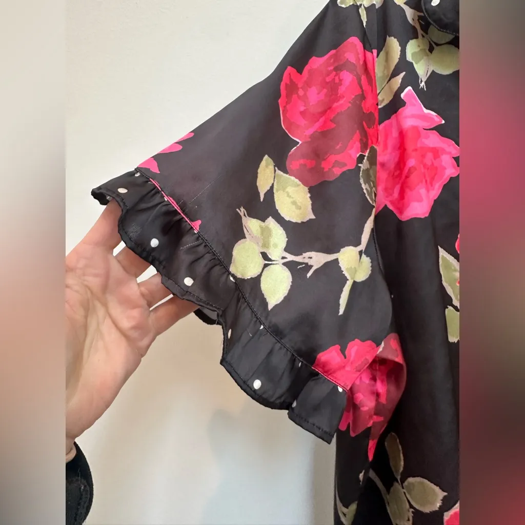Nasty Gal Rose Floral Black Pink Ruffle Polka Dot Pinup Pajama Set Size Large L - Image 6