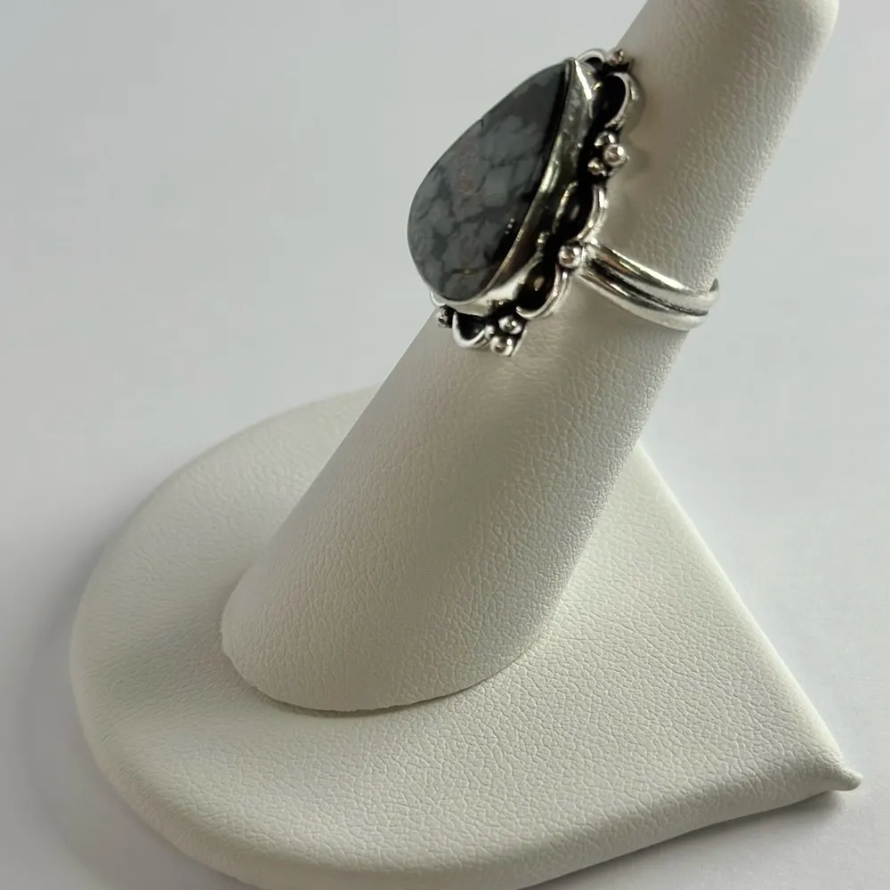 SNOWFLAKE Obsidian Genuine Stone 925 Sterling Silver Ring Black - Image 3