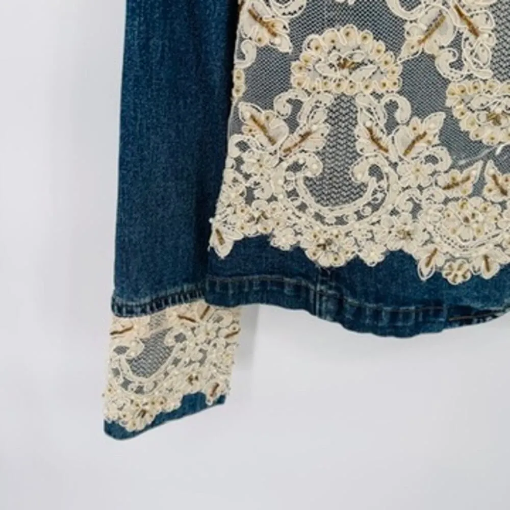 Vintage Berek 2 Takako Sakon Jean Jacket Womens Small Blue Lace Bead Trim Cotton - Image 4