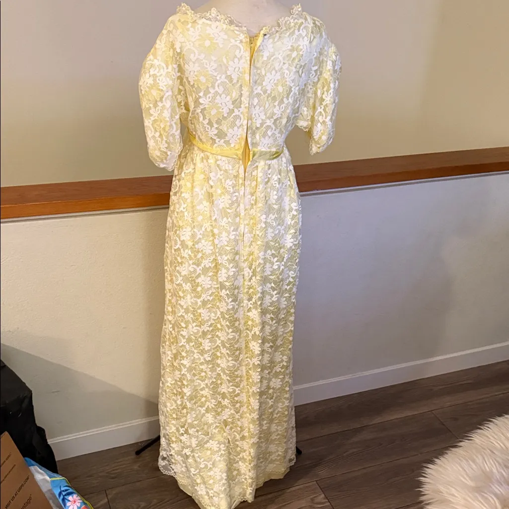 Vintage 1960s Yellow Taffeta Floral Overlay Prom Dress | Puffed Sleeves Gown Size M - Image 6